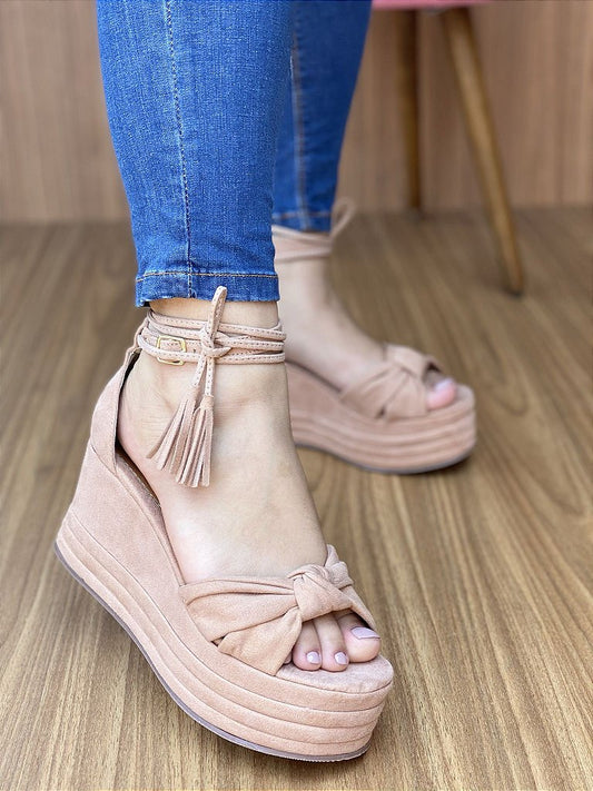 Sandália Anabela Nude Nó Amarração/Fivela